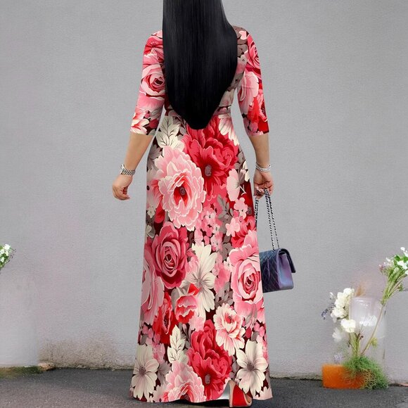 Plus Size Maxi Dress Bohemian V Neck 3/4 Sleeves Floor Length - Picture 4 of 6